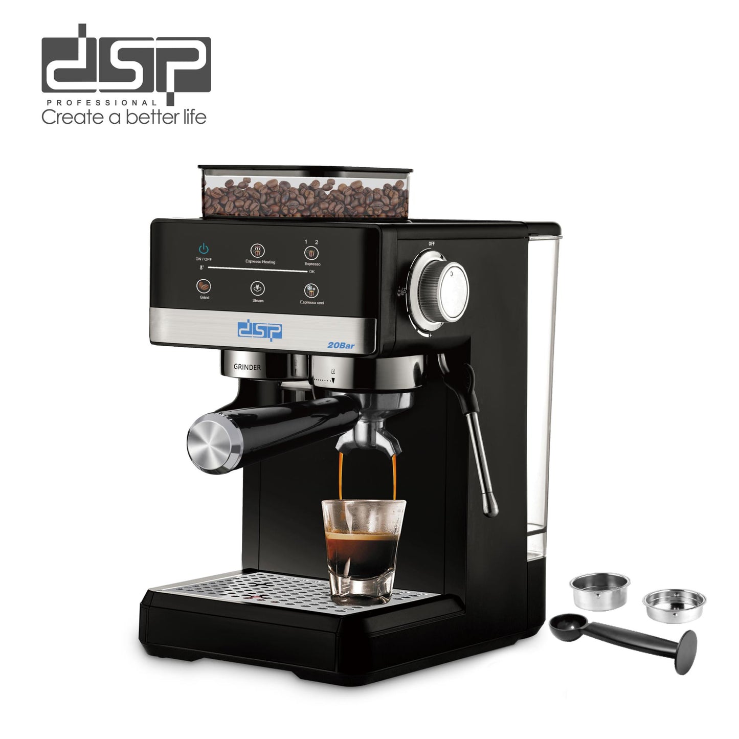 Dsp espresso machine with grinder and steam pipe KA3123