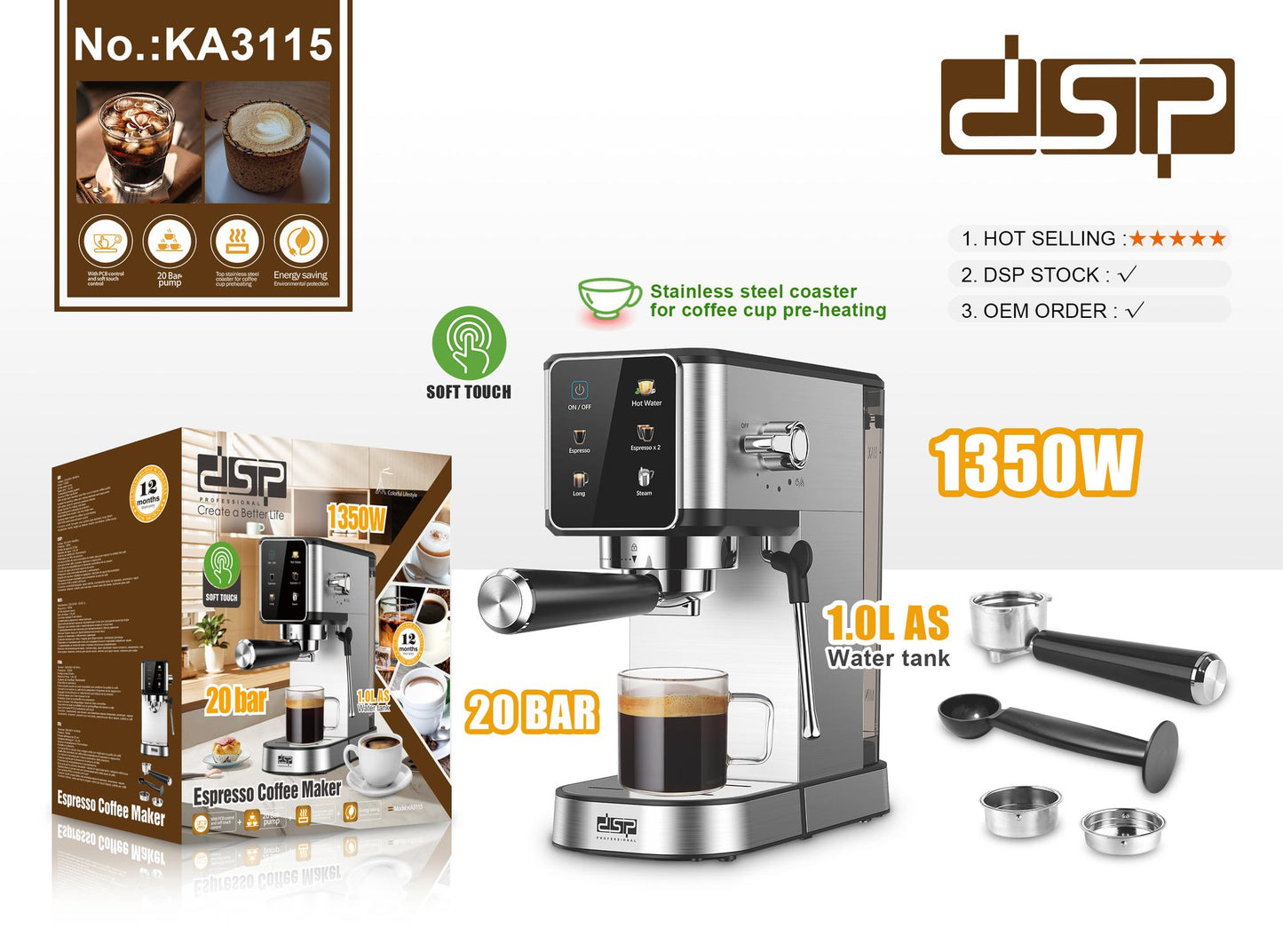 DSP( Espresso & Cappuccino & Latte ) Machine 1 L ( Milk steamer ) Ka3115