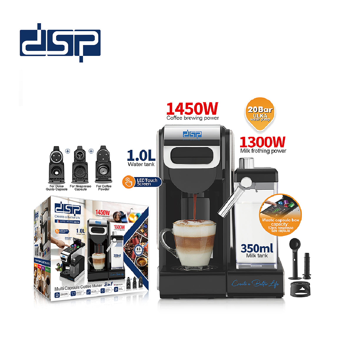 ماكينة قهوة كبسولات 2 في 1 مع خافق لبن – 20 بار – DSP KA3188