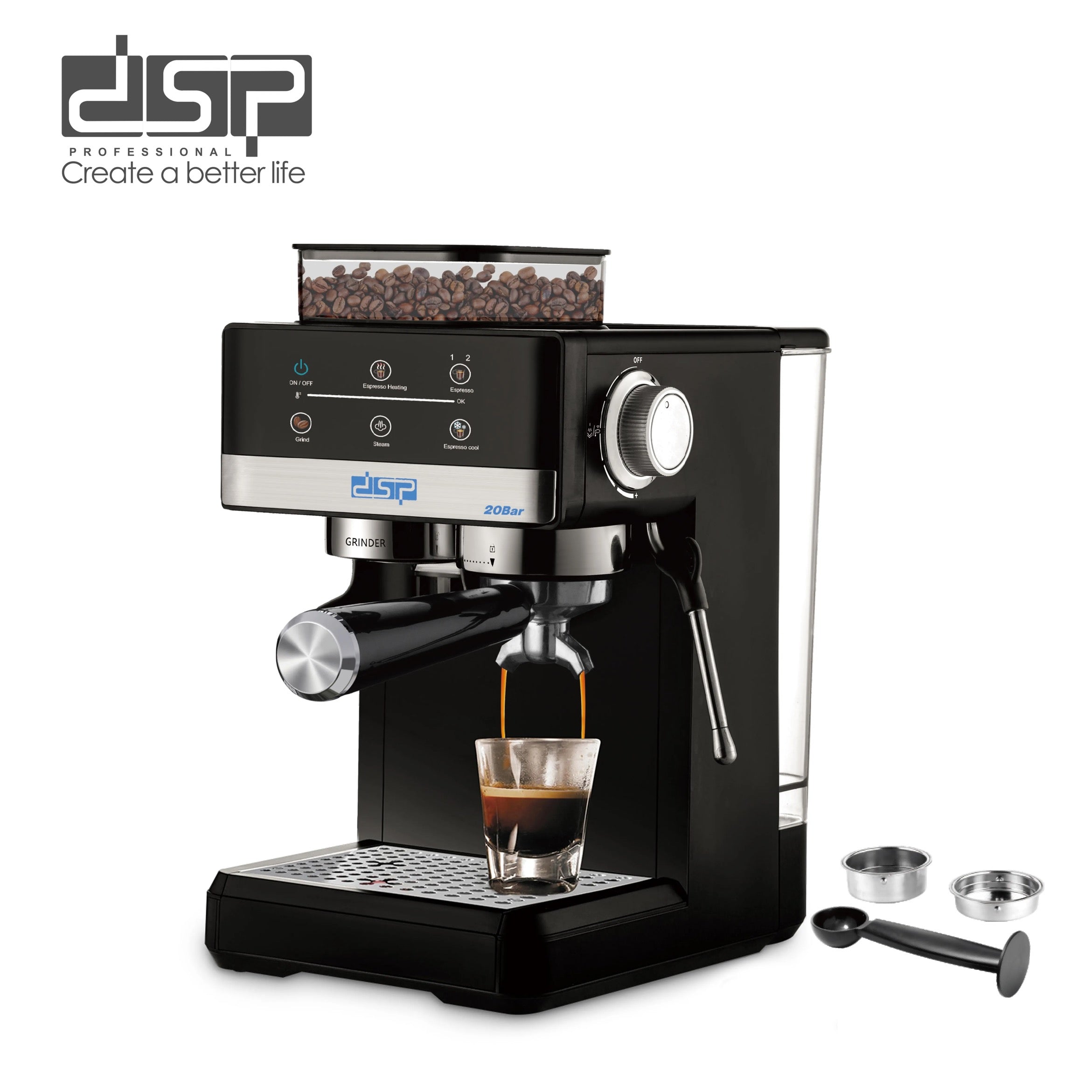 ماكينة إسبريسو بطاحونة مدمجة – 20 بار – 1350 وات – DSP KA3123