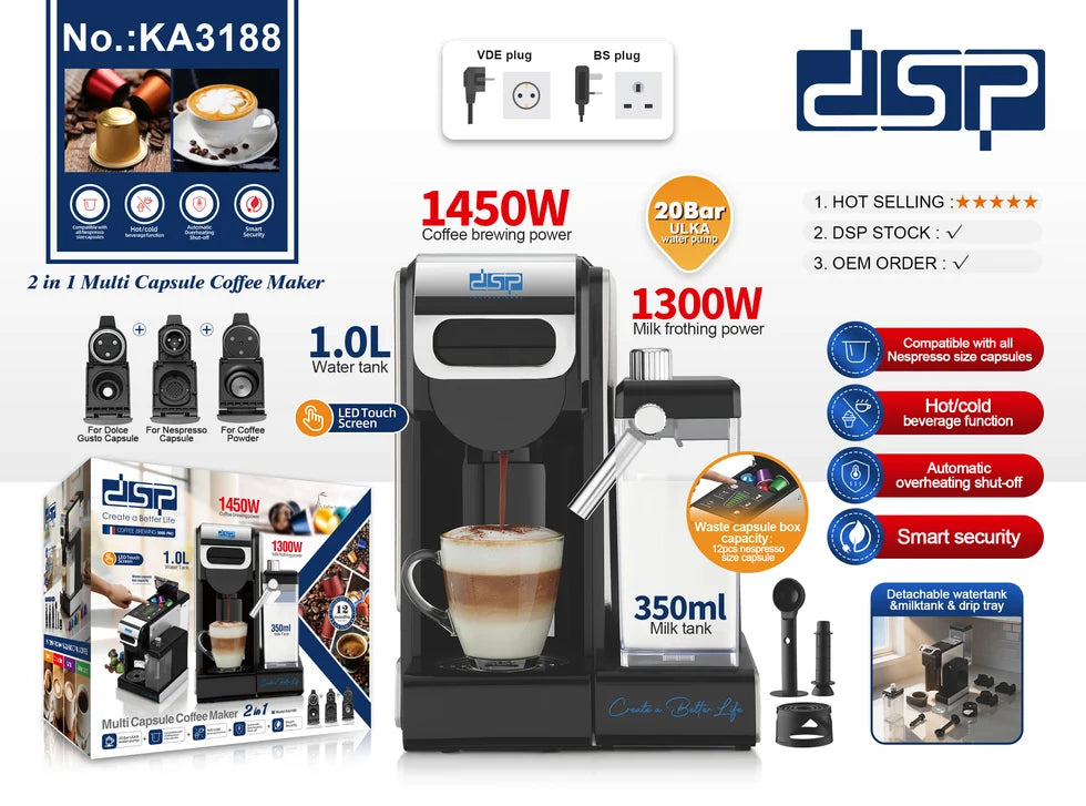 ماكينة قهوة كبسولات 2 في 1 مع خافق لبن – 20 بار – DSP KA3188