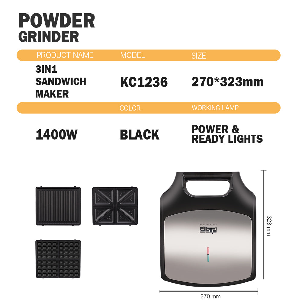 DSP 3 in 1 Sandwich - Waffle - Toaster Maker 1400 W